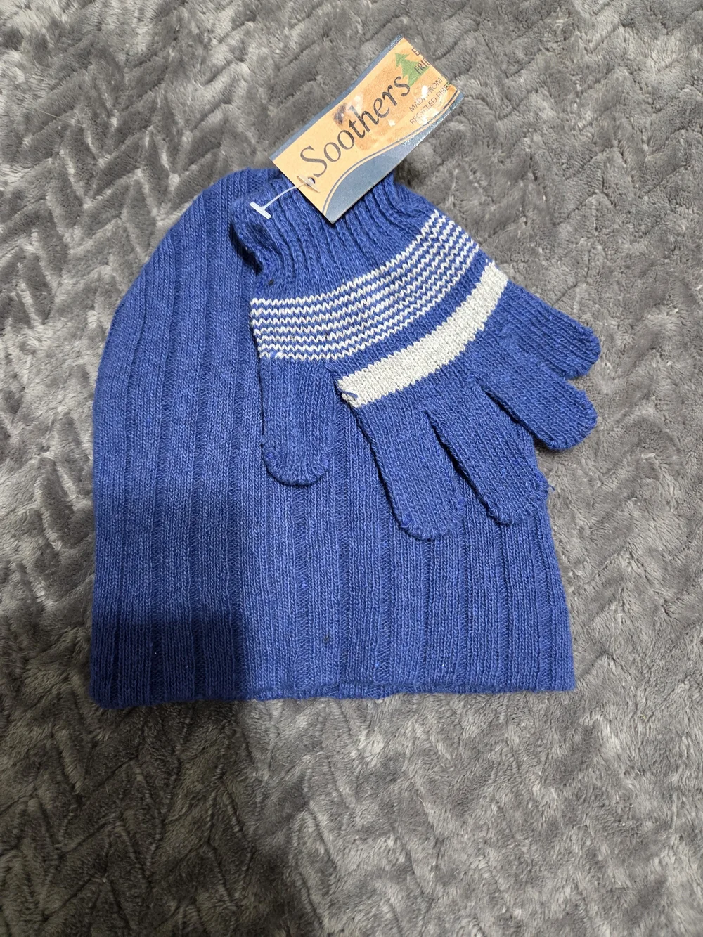 Kids Royal Blue Knit Beanie and Mittens Set